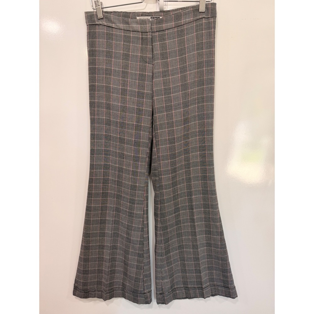 Necessary Objects Grey Plaid Wide Leg Flare Trousers Pants Red Accent‎ Womens XS